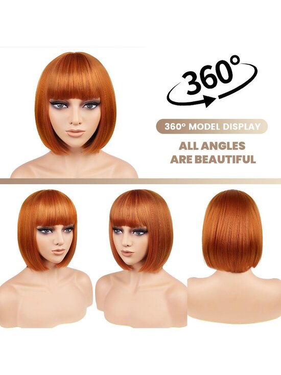 Women Dark Orange Heat Resistant Synthetic Bob Party Neon Wig Bangs 12 Inch main image 7